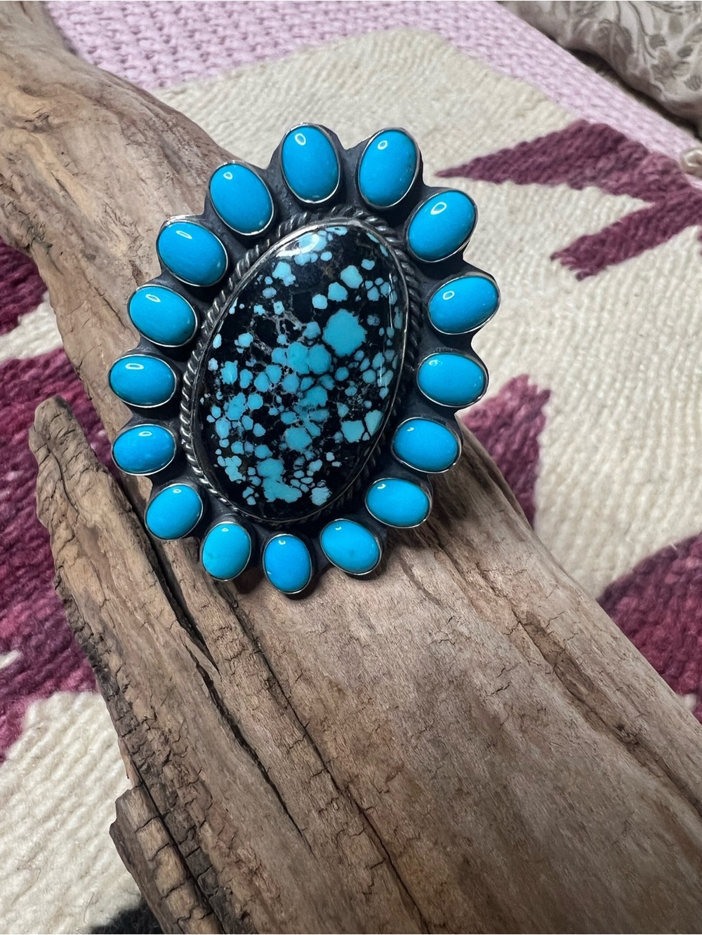 Sterling Silver Hubei & Sleeping Beauty Turquoise Cluster Ring Hallmarked Zia